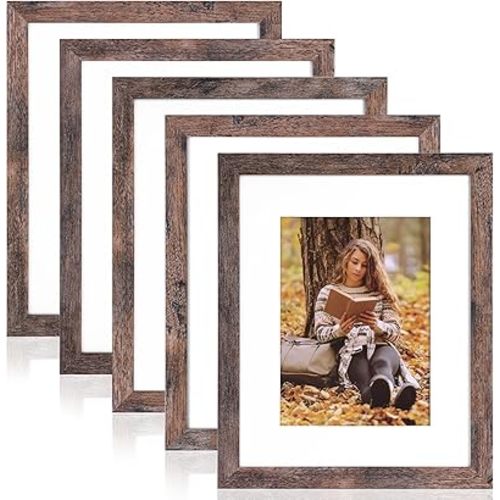 Fixwal 8x10 Picture Frames Set of 5, Rustic Brown Wood Grain with Tempered Real Glass, Vintage Photo Frames for Wall Decor Mounting and Tabletop Display