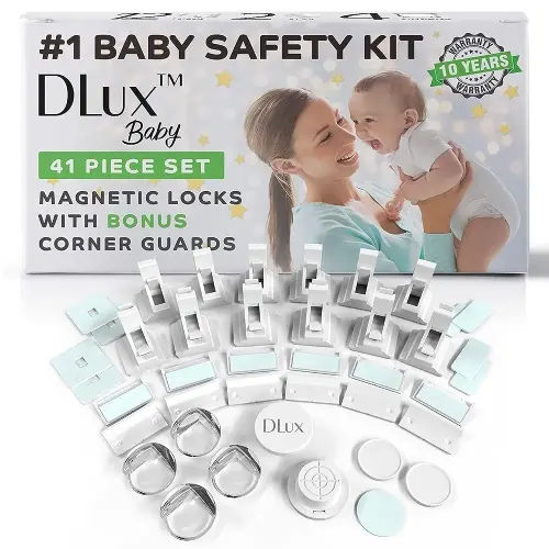 Magnetic Cabinet Locks Child Safety 41-Piece Kit with New Upgraded Adhesive [12 Magnet Locks 2 Keys 4 Corner Guards] Easy Installation, No-Drill Baby Proofing Locks to Childproof Cabinets & Drawers