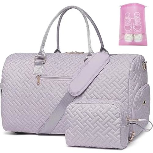 Duffle Bag for Travel, Weekender Bag with Shoe Compartment, Carry On Overnight Bag for Women with Toiletry Bag, Gym Bag with Wet Pocket, Hospital Bags for Labor and Delivery Beige