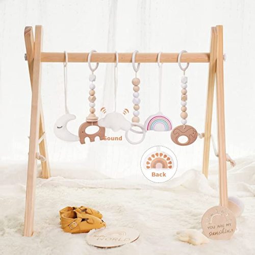 little dove Baby Play Gym Wooden Baby Gym with 6 Toys Foldable Play Gym Frame Activity Gym Hanging Bar Baby Toy White