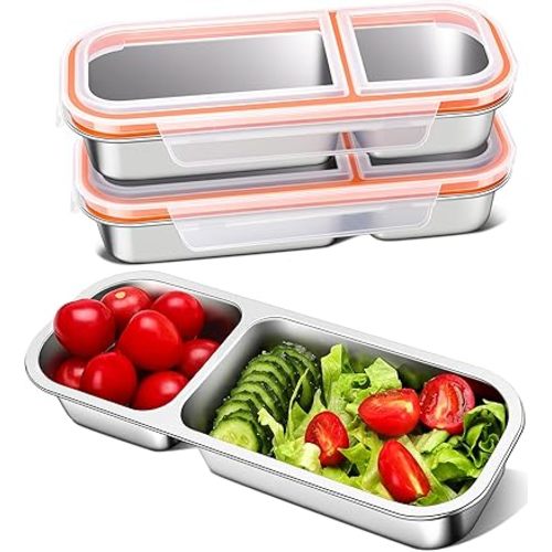 3 Pack Stainless Steel Snack Containers for Kids & Adults - Leek Proof Metal Bento Lunch Box with 2 Compartment - Lunchable Containers for Daycare, School, Work, Travel - Stackable Snack Bento Box