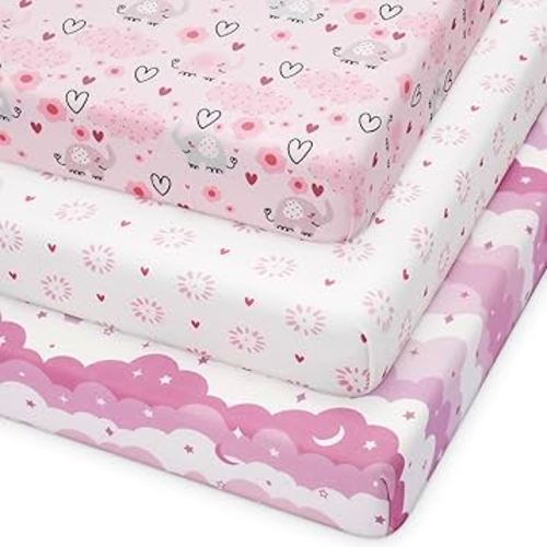 Pack and Play Sheets Fitted, 3 Pack Soft Stretchy Baby Mini Crib Sheets for Pack N Play Mattress and Portable Playard Sheets for Girls Pink Cloud Elephant