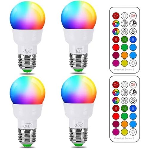 ILC RGB LED Color Changing Light Bulb, 40W Equivalent, 450LM, 2700K Warm White 5W E26 Screw Base RGBW, Flood Light Bulb- 12 Color Choices - Timing Infrared Remote Control (4 Pack)