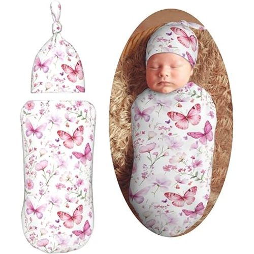 Wildflowers Pink Butterfly Newborn Swaddle Blankets Hat Sets Soft Baby Receiving Blanket Swaddle Sack for Baby Shower Infant Boy Girl Gift