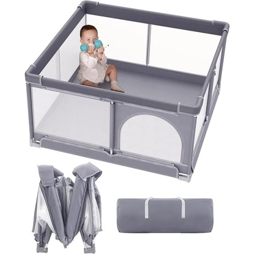 Foldable Baby Playpen, Extra Large Collapsible Play Yard for Babies & Toddlers, Portable Travel Playpen with Gate, Safe Indoor & Outdoor Activity Center (51"×51" Gray)