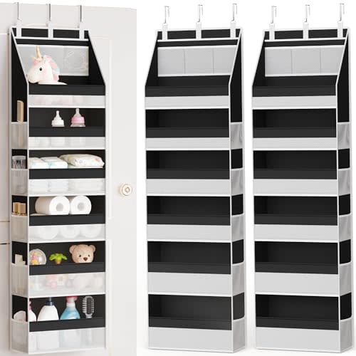 Criusia 2 Pack Over the Door Organizer, Heavy-Duty 6-Shelf Hanging Storage with 13 Mesh Pockets, 55lbs Capacity Behind the Door Storage for Nursery, Bathroom, Bedroom, and Dorm, Black