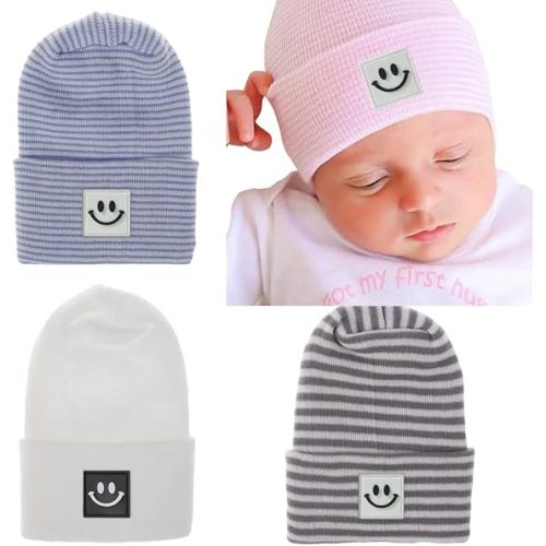 Newborn Baby Hat Infant Caps Baby Boy Girl Toddler Hospital Hats Bow Double Layer Knit Beanie Cap for 0-3 Months