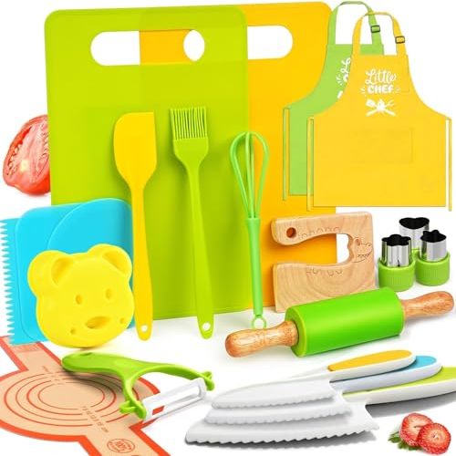 Montessori Kitchen Tools for Toddlers-21PCS Kids Cooking Sets Real-Montessori Cooking Set for Toddlers Kids Chef Set with Children Safe Knives Cutting Set