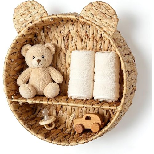Bear Water Hyacinth Wicker Wall Floating Shelf, Handwoven Boho Hanging Decor & Woodland Storage Organizer for Bedroom, Bathroom, Living Room, Books & Toys