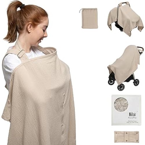 Nilsa 5-in-1 Muslin Nursing Cover up for Breastfeeding & Baby Car Seat Cover - Breathable Breastfeeding Cover With Rigid Hoop - 100% Cotton Privacy Apron Breast Feeding Covers For Women (Ecru)