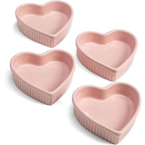 Paris Hilton Heart Shaped Ramekin Set, Mini Ceramic Ramekins, Oven Safe Baking Dishes, Dishwasher Safe, Stoneware Made without PFOA, 4-Piece Set, Pink