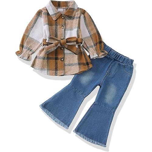 XUANHAO Baby Girl Clothes Fall Winter Toddler Outfits for Girls Flannel Plaid Shirt Tops Flare Jeans Pants Girls Clothing Set