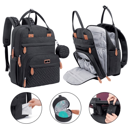 BabbleRoo Diaper Bag Backpack, Large 26L, Waterproof, Black, Changing Pad, Stroller Straps