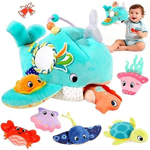 FREYBLI Baby Toys 6-12 Months - Soft Ocean Adventure Toy with Rattle, Crinkle Paper, Squeaker, Mirror - Montessori Sensory Toys for 6 Month Old Boy Girl Gifts Toys Easter Basket Stuffers