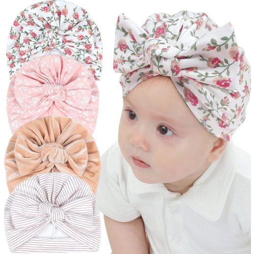 EUBUY 4PCS Newborn Baby Girls Hats, Flower Pattern Baby Cotton Bow Beanie for Toddler Girls