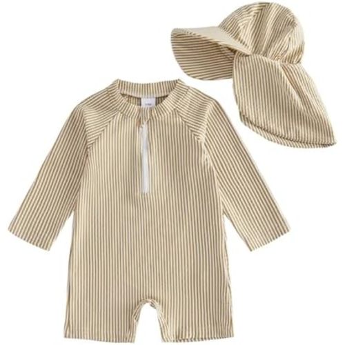 Baby Boys Girls Swimsuit One Piece Striped Zipper Bathing Suit Rash Guard Long Sleeve Seersucker Swimwear Sunsuit