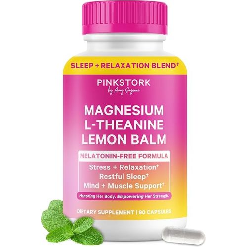 Pink Stork Magnesium Glycinate, L-Theanine, Lemon Balm - Melatonin-Free Magnesium for Sleep Support - Natural Calm and Relaxation - 90 Capsules