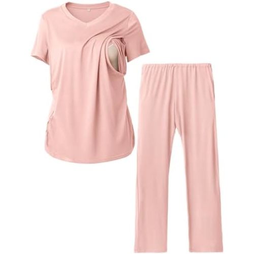 Rnxrbb V Neck Nursing Pajamas Set Postpartum Pjs Maternity Breastfeeding sleepwear for Women with Pockets 2 Pack