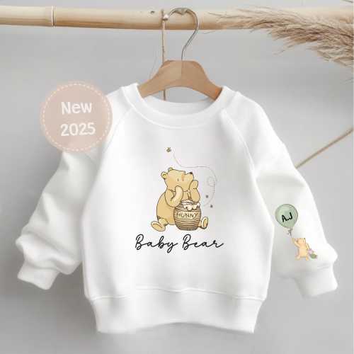 Personalised Baby bear Mini Classic Winnie the pooh Sweatshirt. Personalised children's jumper. Kids Gift. Matching Sibling jumpers.