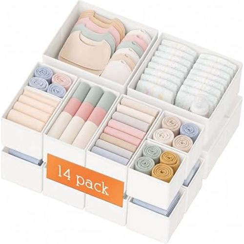 Drawer Organizer Clothes, 14 Pack Dresser Organizer for Baby Clothes, Underwear, Sock- Foldable Closet Organization and Storage Dividers Bins for Nursery, Bedroom and Dorm (White)
