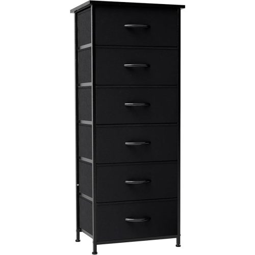 Crestlive Products Vertical Dresser Storage Tower - Sturdy Steel Frame, Wood Top, Easy Pull Fabric Bins, Wood Handles - Organizer Unit for Bedroom, Hallway, Entryway, Closets - 6 Drawers (Black)