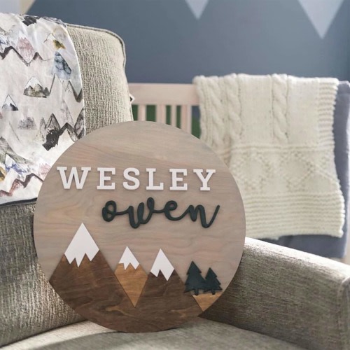3D Round Name Sign - Rustic Mountains Adventure Outdoor Themed Nursery -  Wall Decor - Wall Art - Baby Shower Gift