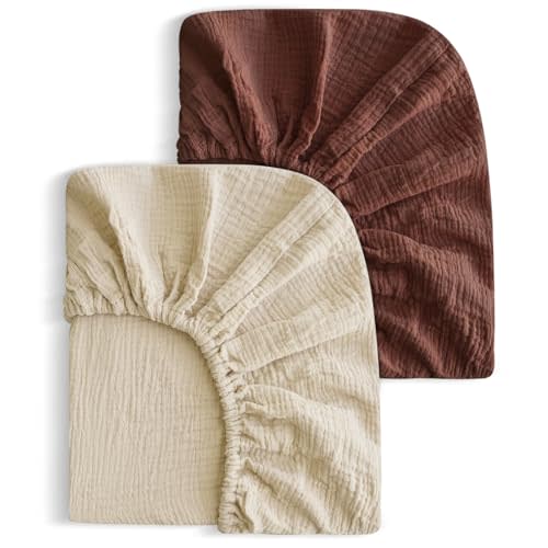 SNOOZYNEST 2 Pack Soft Muslin Baby Crib Sheets, 100% Cotton Breathable Double Layer Fitted Sheets for Standard Crib and Toddler Bed Mattresses 28x52 Inches, for Baby Girls and Boys (Cedar & Cream