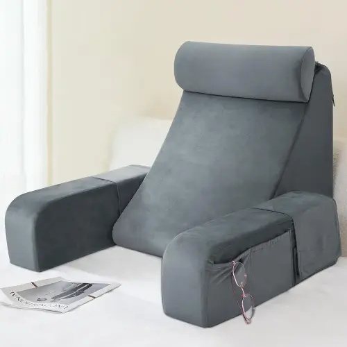 ENITYA Reading Pillow for Sitting in Bed Adult, 19" Back Support Pillow for Bed Sitting up, Backrest Cushion for Reclining,Gaming,Resting,Watching TV in Couch or Floor, Wedge with Arms, Medium(Grey)
