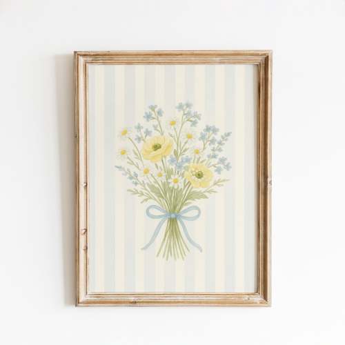 Yellow Ranunculus & Blue Floral Art Print – Soft Baby Blue Stripe Poster – Vintage Nursery Wall Decor