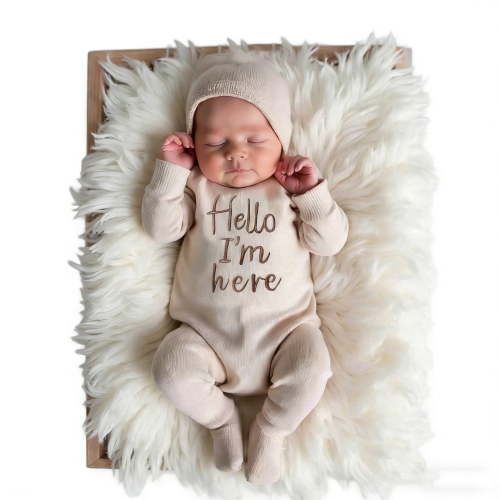 "Hello" Embroidery Knitting Onesie Newborn Birth Announcement Outfits Footed Jumpsuit Baby Boy Girl Photography Props Newborn
