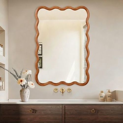 GDFStudio Helyn Wavy Rectangle Decorative Mirror, 24''x36'', Yellow Brown