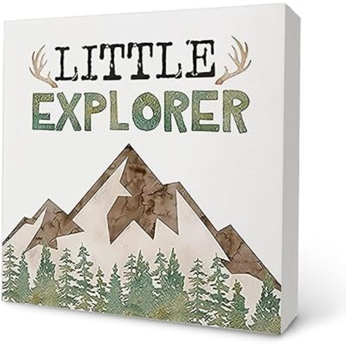 Knibeo Forest Wooden Box Sign - Forest Nursery Decor, 5x5 Inch Little Explorer Wooden Sign,Log Cabin Boys Room Decor