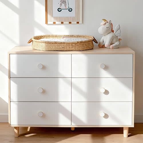 White Dresser for Bedroom, 6 Drawer Dressers with Solid Wood Legs, Baby Dresser for Kids, Storage for Clothes and Baby Essentials