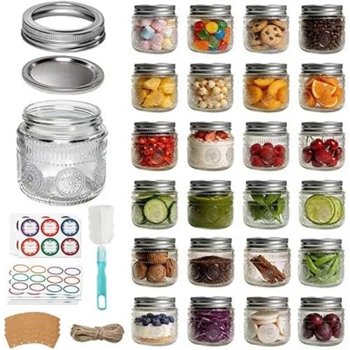 8 oz Glass Mason Jars with Airtight Lids and Bands,24 Pack with Labels &Tags, Half Pint Canning Jars for Honey, Jam, Candies, Jelly, Spice, DIY Crafts & Wedding Favors
