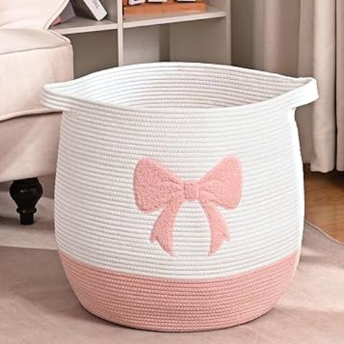 Large Baby Laundry Basket, Pink Laundry Hamper for Baby Girl, Toy and Blanket Storage Basket, Cotton Rope Baskets for Organizing 17"x15.7"