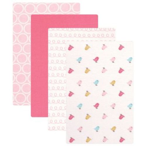 Luvable Friends Baby Girl Cotton Flannel Receiving Blankets, Birdies 4-Pack, One Size