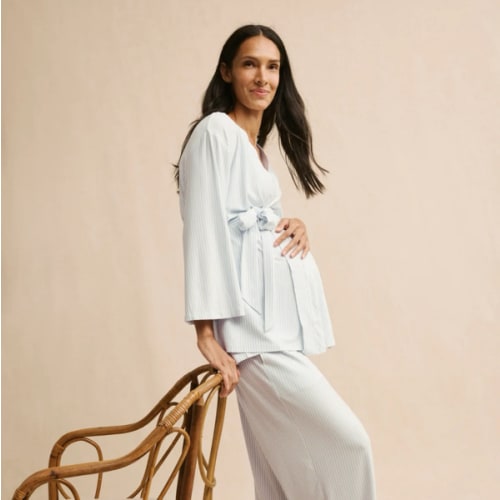 LAKE | Women | DreamModal Pajamas | Parisian Green Pencil Stripe Maternity Kimono Bundle