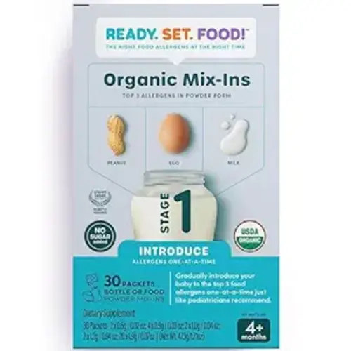 Ready Set Food | Early Allergen Introduction Mix-ins for Babies 4+ Mo | Stage 1 - 30 Days | Top 3 Allergens - Organic Peanut Egg Milk | Safe Easy Effective | For Bottle or Food | ReadySetFood