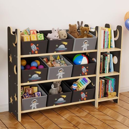 Toy Storage Organizer with 3 Shelves and 9 Bins, Black Starry Sky