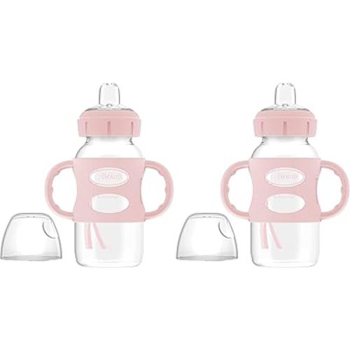 Dr. Brown's Milestones Wide-Neck Sippy Spout Bottle with 100% Silicone Handles, Easy-Grip Handles with Soft Sippy Spout, 9oz/270mL, Light-Pink, 2-Pack, 6m+
