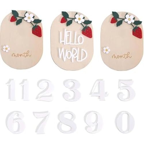 Strawberry Themed Milestone Cards Set, 3 PCS Wooden Photo Props for Photography, Berry Sweet Monthly Growth Tracker Boards with Hello World Sign, Perfect for Memories