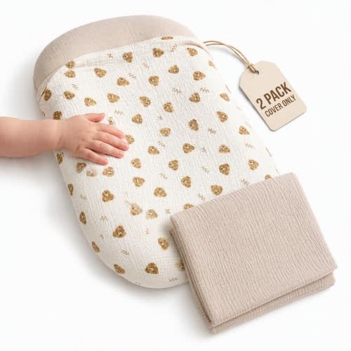 2 Pack Muslin Baby Lounger Covers, Covers Only, 35.5" x 20" | 100% Cotton Muslin, Envelope Closure, Zipperless, Baby Nest Slipcover, Machine Washable, BearBrown
