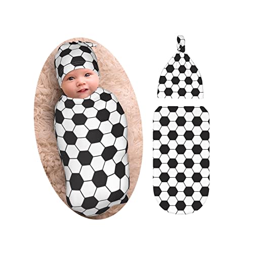 Soccer Baby Stuff Swaddle Blanket with Beanie Set, Soft and Stretchy Soccer Print Baby Blanket Swaddle Sack for Boy and Girl