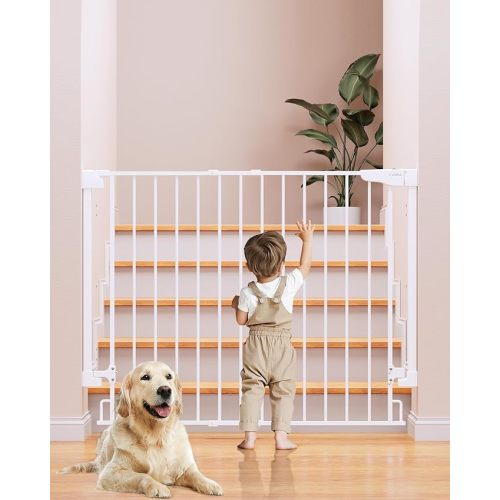 Cumbor 29.7-46" Baby Gate for Stairs, Toddler Safety Essentials for The House, Auto Close Dog Gate for Doorways, Mom's Choice Awards Winner-Easy Install Pressure Mounted Pet Gates for Dogs, White