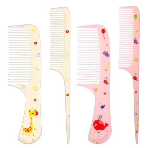 Toddler Hair Comb, 4 Pcs Cute Kids Comb Plastic Fine Tooth Rat Tail Combs | Detangling Brush for Women All Hairs Types Long Short Wet Dry Curly Straight (Yellow, Pink)