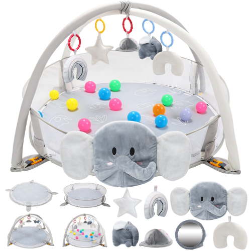 JoyStone 5-in-1 Elephant Baby Gym, Tummy Time Play Mat, Sensory Activity, Includes 30 Balls
