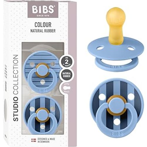 BIBS Pacifiers - Studio 2 Pack | Round Nipple Baby Pacifier | BPA Free Natural Rubber Latex Soother | Made in Denmark | Size 6+ Months | Pin Sky Blue