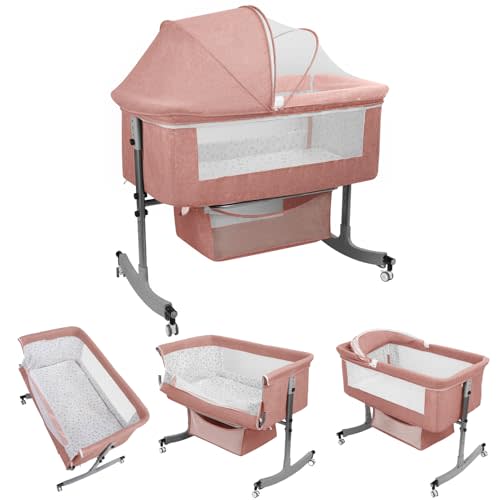 Bedside Bassinet Baby Crib, 3-in-1 Bedside Crib, 6 Levels Height Adjustable Baby Crib with Basket & Mosquito Net, Wheels, Portable Newborn Infant Cradle Bassinet Pink