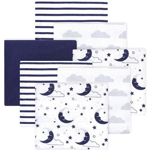 Little Treasure Hudson Baby Cotton Poly Flannel Receiving Blankets Multipack, Blue Moon, 30x30 inches