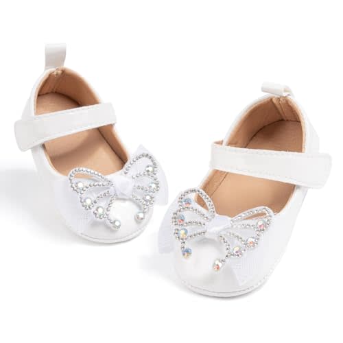 Sawimlgy Baby Girls Mary Jane Sequins Crown Flats PU Leather Wedding Party Princess Ballet Shoe Infant Rubber Sole Prewalker Toddler First Crib Shoes